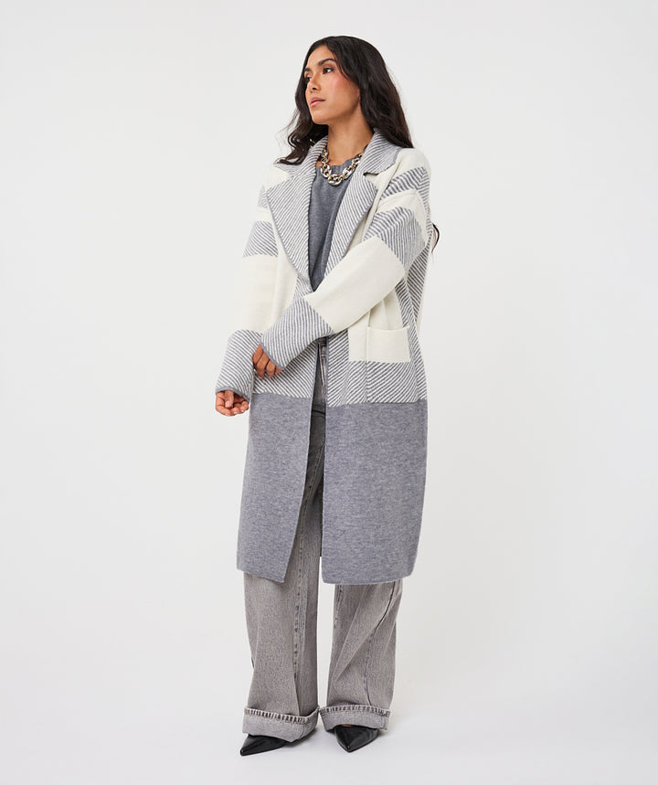 EsQualo Striped Long Cardigan, Grey