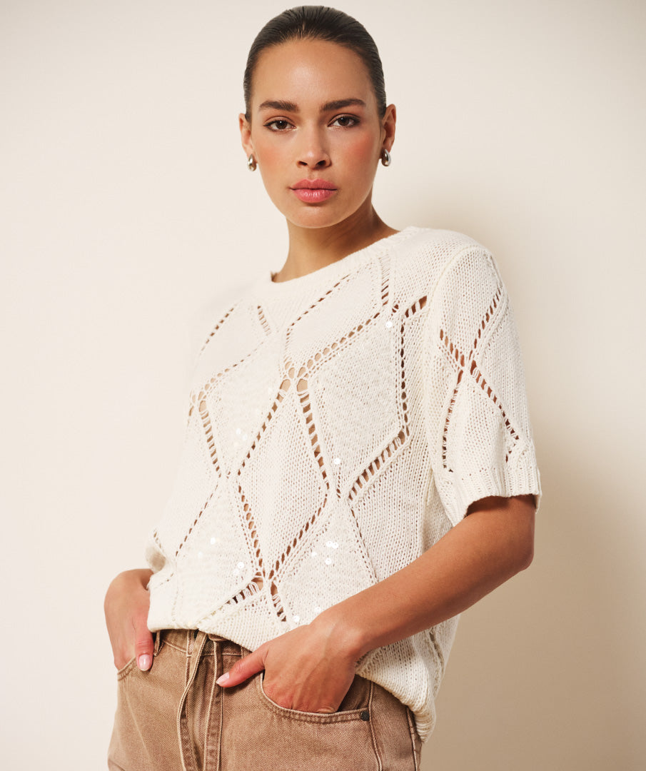 Pull EsQualo écru à sequins diamants