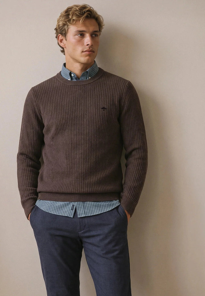 Fynch Hatton Knitted Textured Pattern Cotton Sweater, Soil