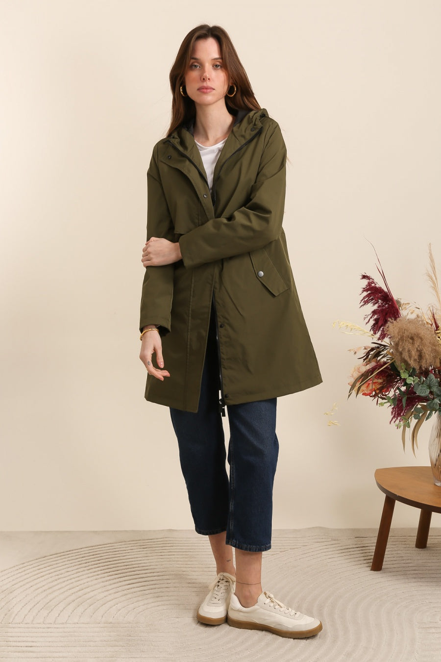 Parka longue kaki imperméable avec capuche