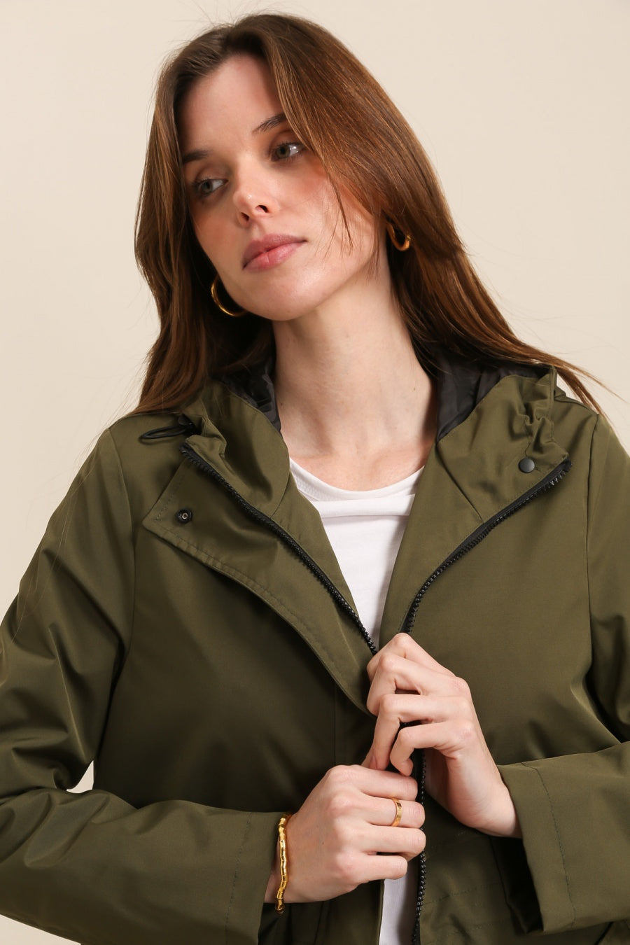 Parka longue kaki imperméable avec capuche