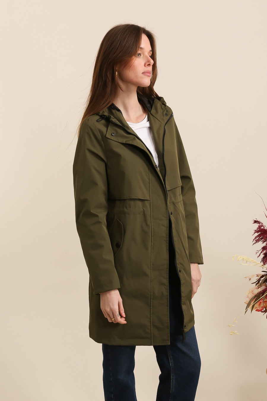 Parka longue kaki imperméable avec capuche