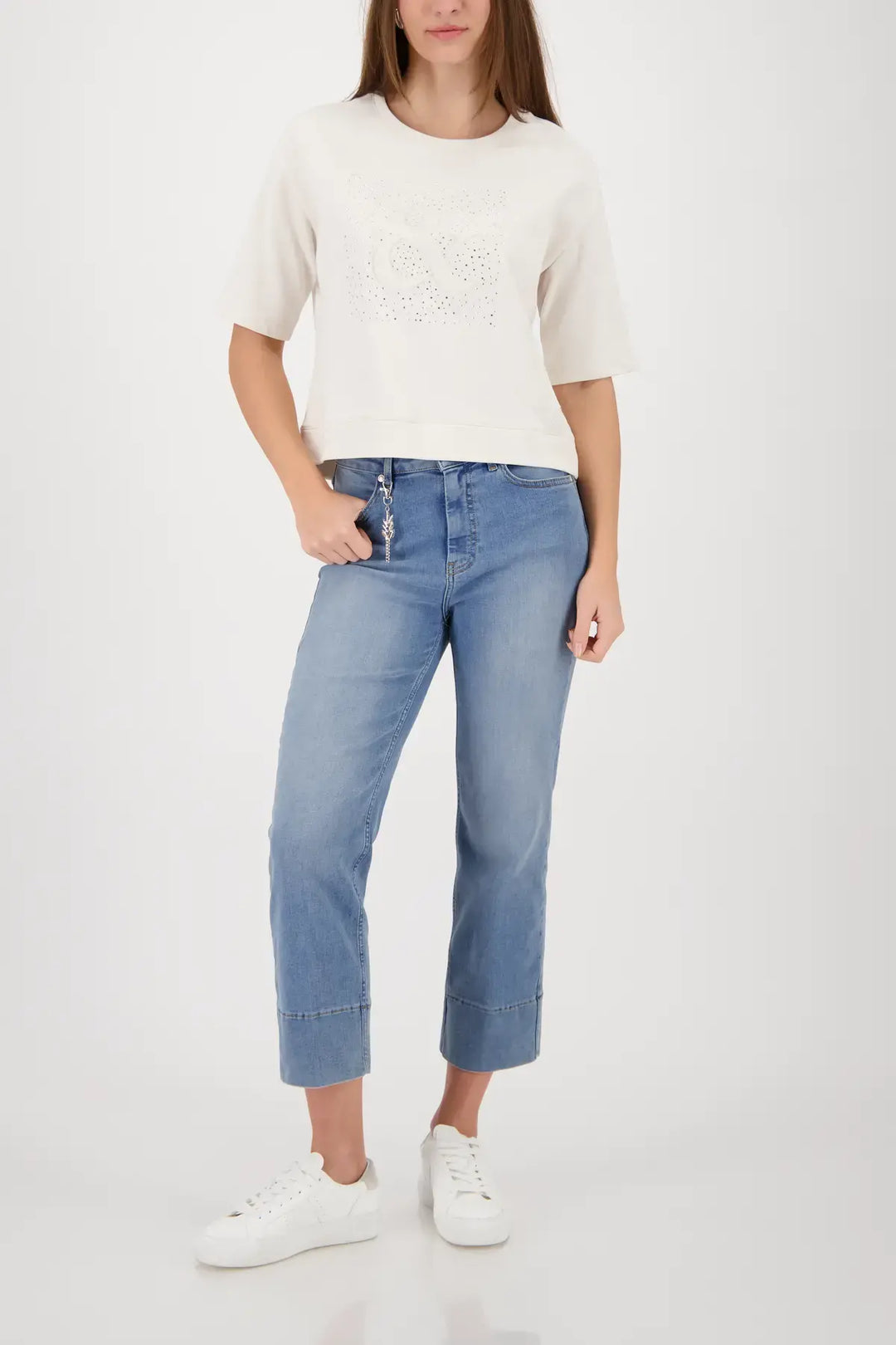 Sweat-shirt à manches courtes Monari beige à strass