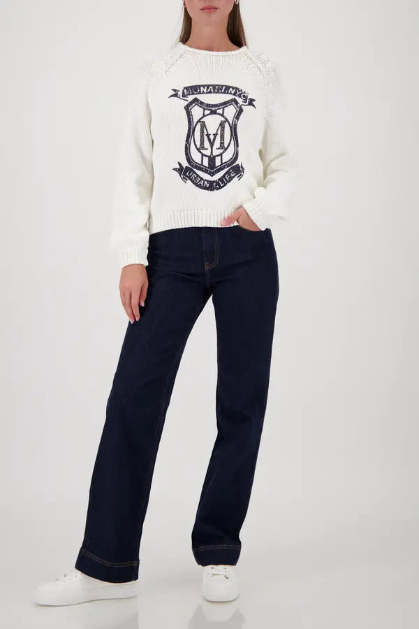 Pull Monari blanc cassé en maille avec emblème