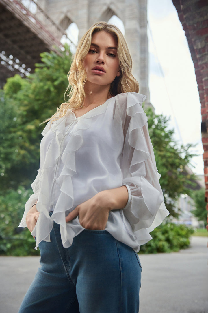 Monari - Blouse à volants en georgette blanche