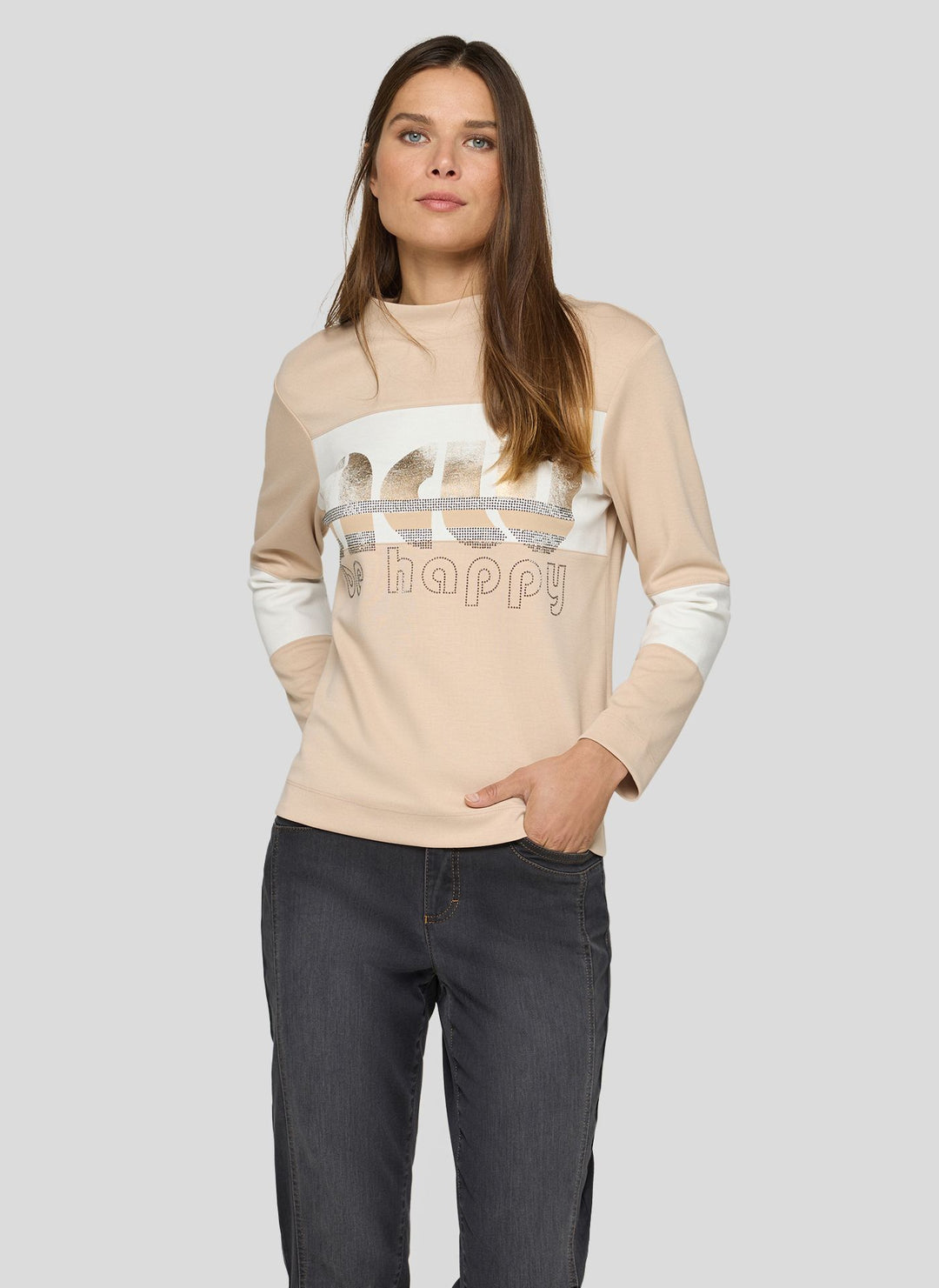 Pull Rabe beige imprimé « Be Happy »