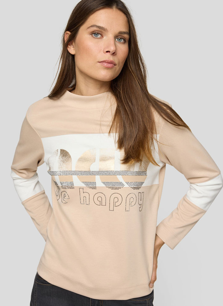 Pull Rabe beige imprimé « Be Happy »