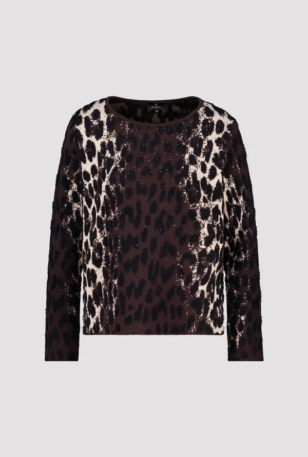 Monari Knitted Jumper with Leopard Jacquard Pattern, Black Coffee