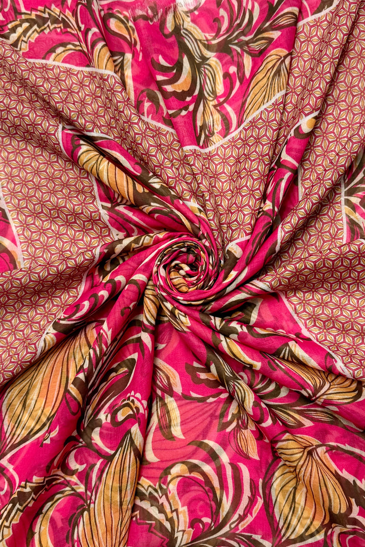 Écharpe effilochée rose à imprimé feuilles d'inspiration indienne