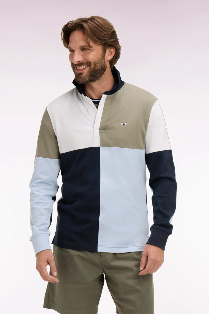 Eden Park Sky Blue & Khaki Block Long-Sleeved Rugby Shirt