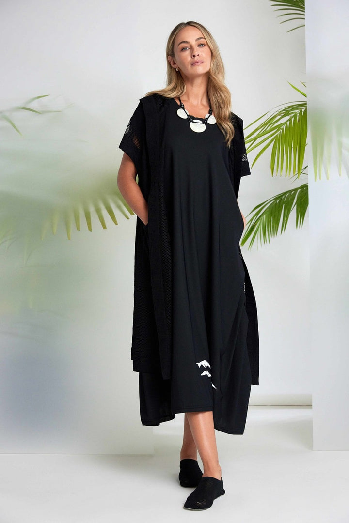 Veste longue à capuche en maille noire NAYA