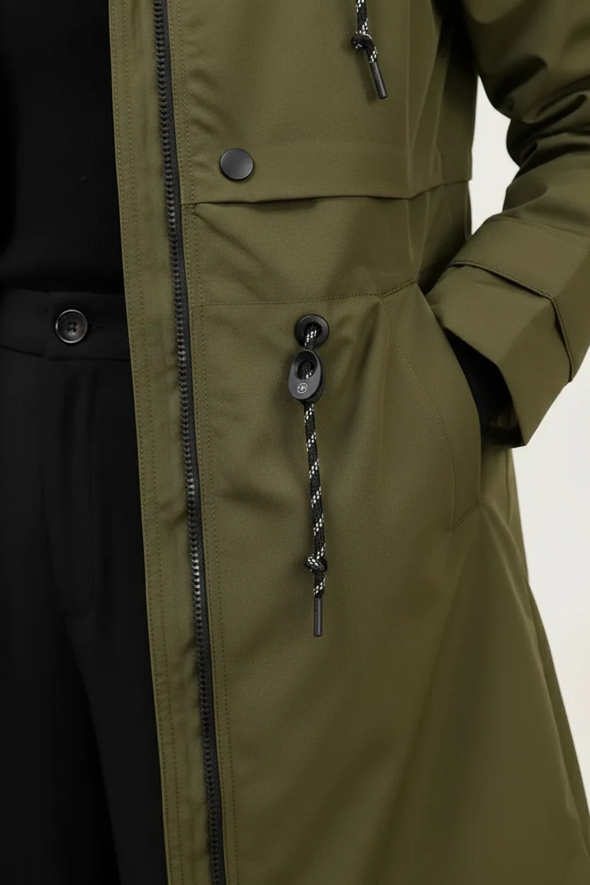 Parka longue kaki imperméable avec capuche