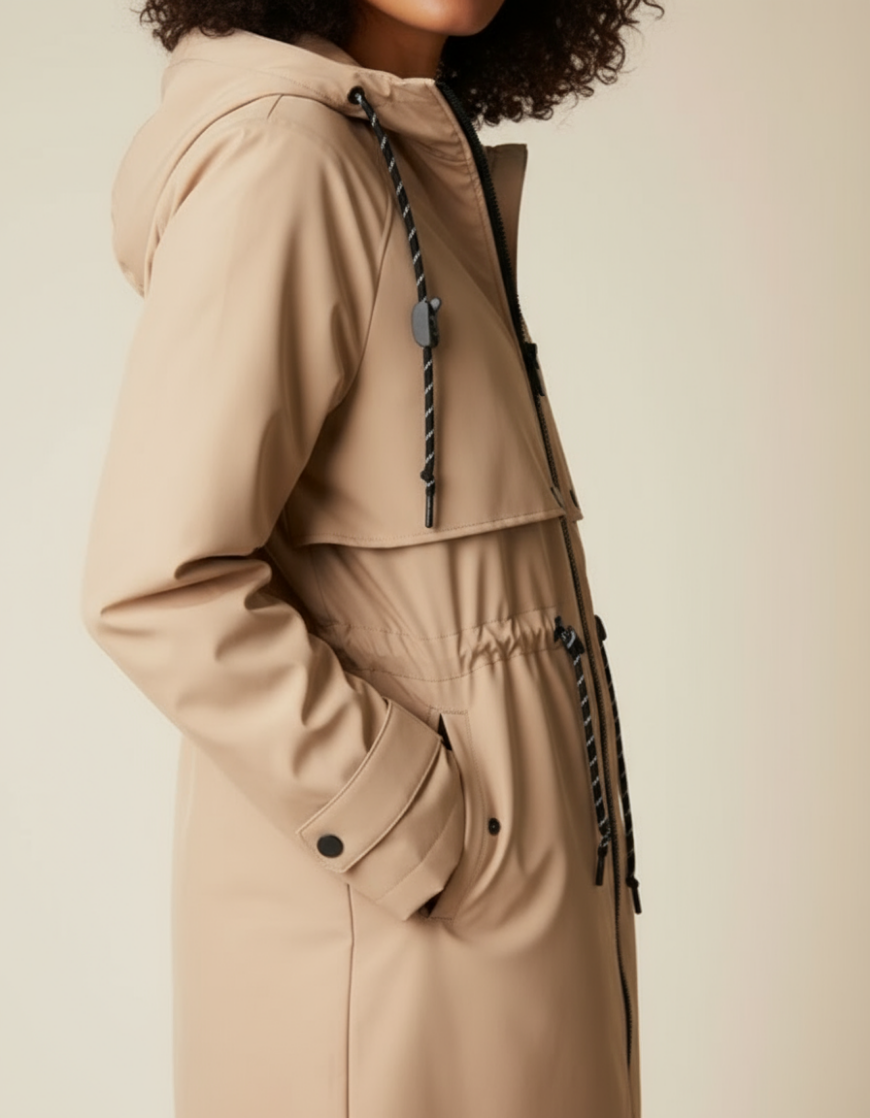Parka longue beige imperméable à capuche