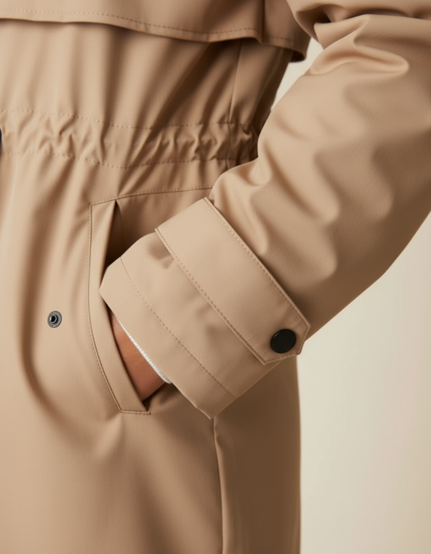 Parka longue beige imperméable à capuche