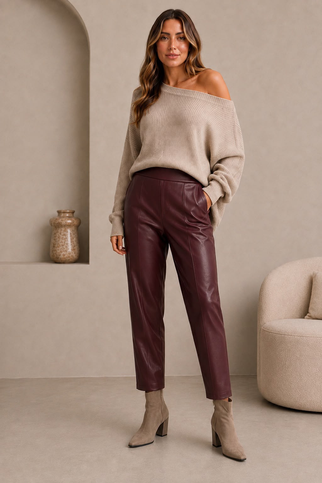 Leatherette Cropped Barrel Trousers, Berry