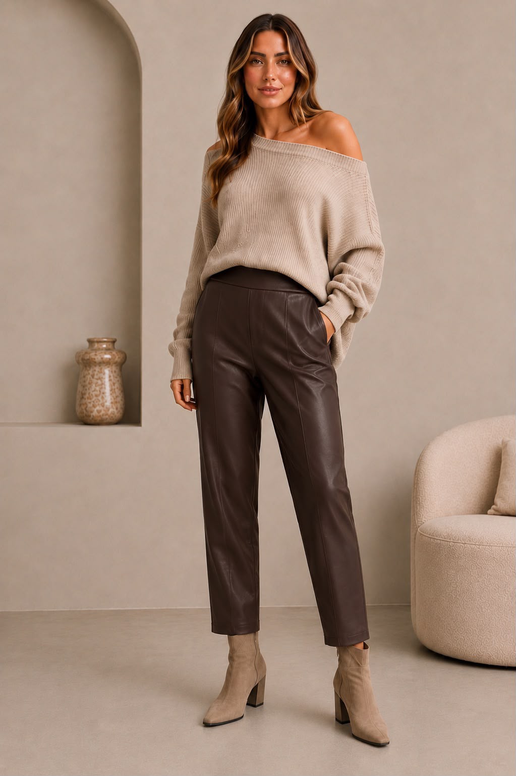 Leatherette Cropped Barrel Trousers, Mocha