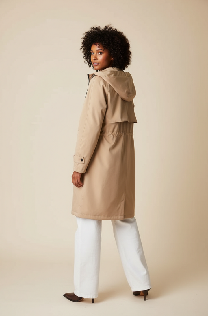 Parka longue beige imperméable à capuche