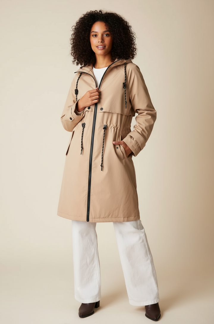 Parka longue beige imperméable à capuche
