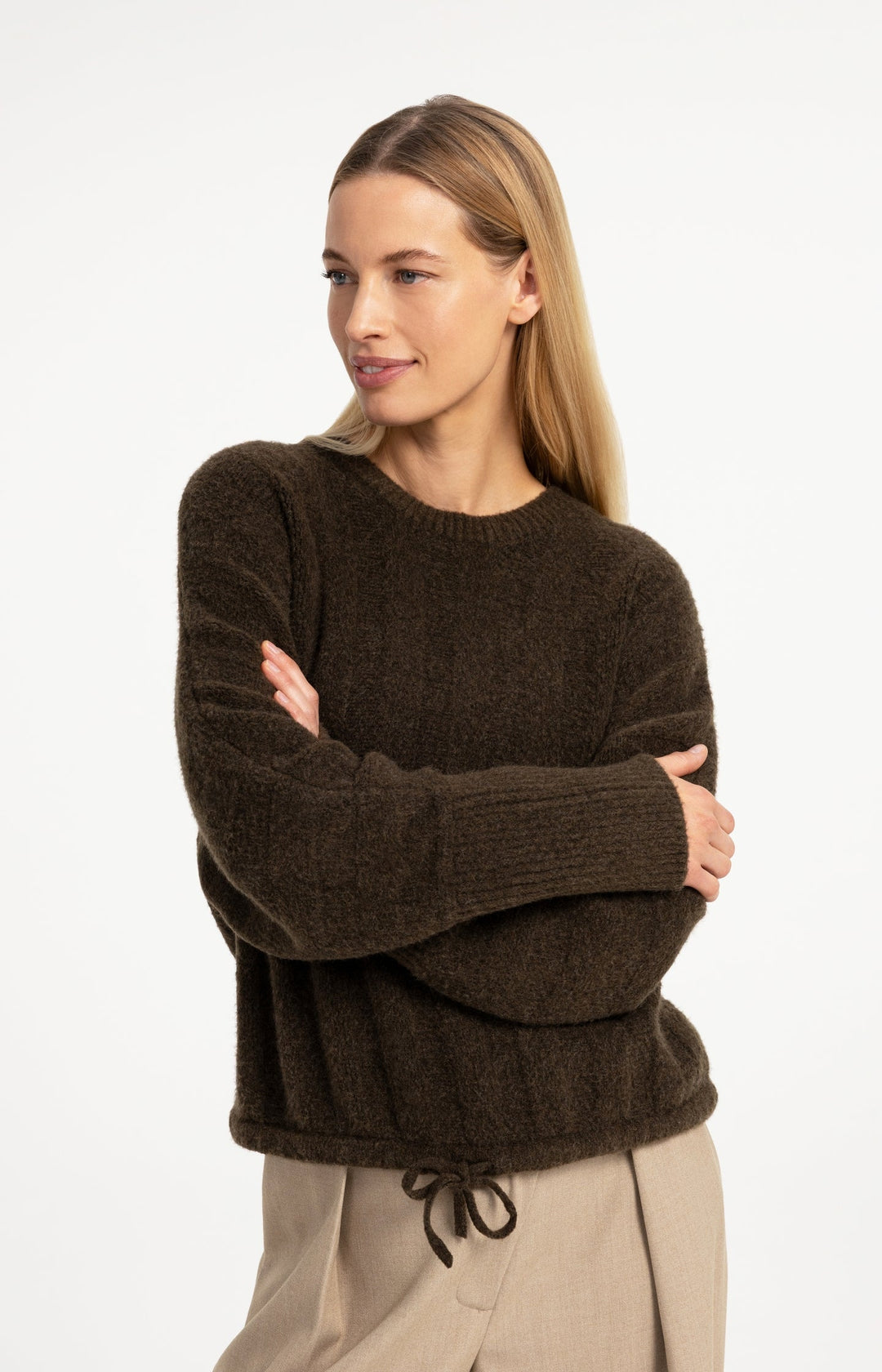 YAYA Sweater with Batwing Sleeves and Drawcord at the Hem, Off White Melange
